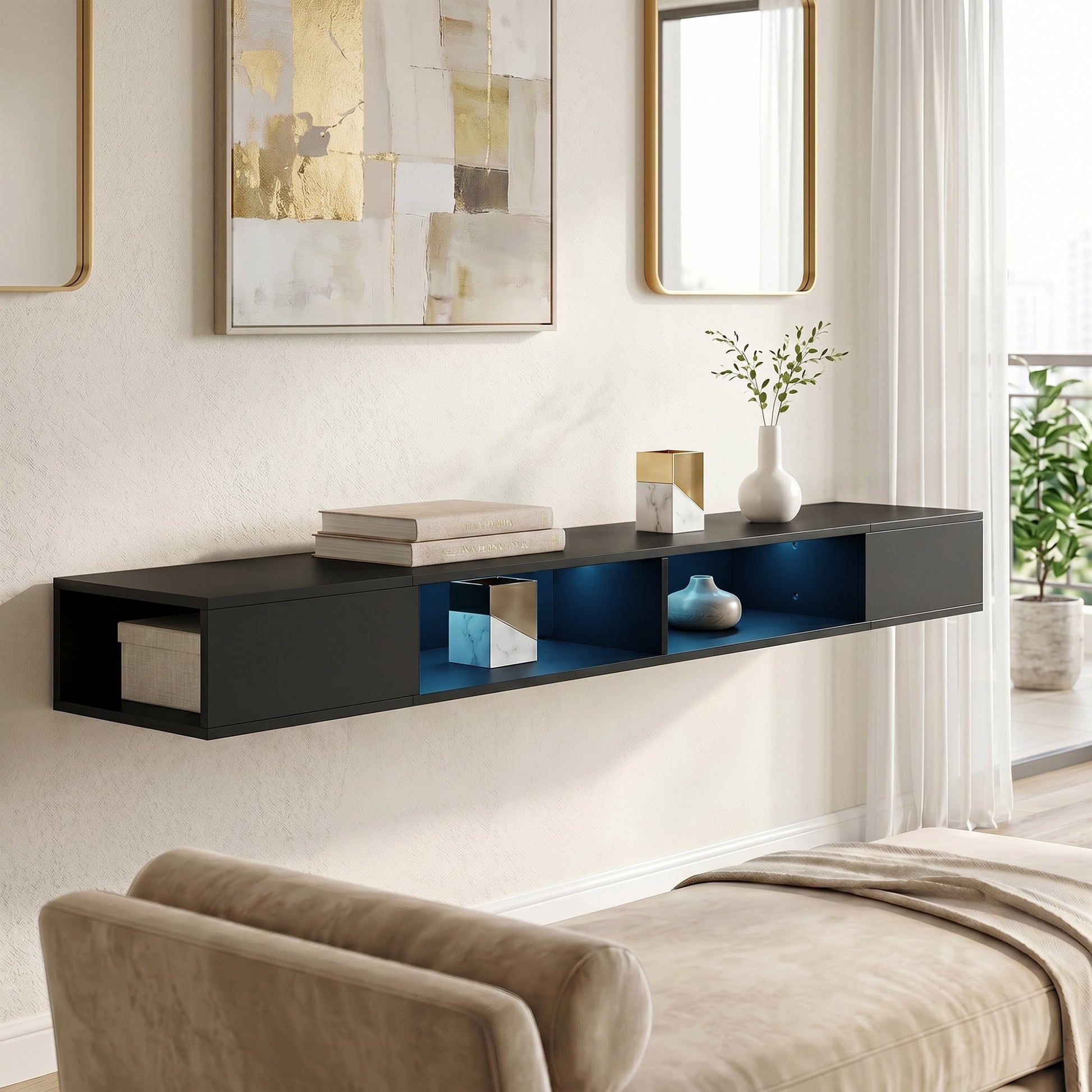 TV Stand for TVs up to 75 Inch, Modern Entertainment Center with RGB LED Lights, USB Powered, Wall-Mounted Media Console Table with 4 Open Storage Shelves for Living Room, Black