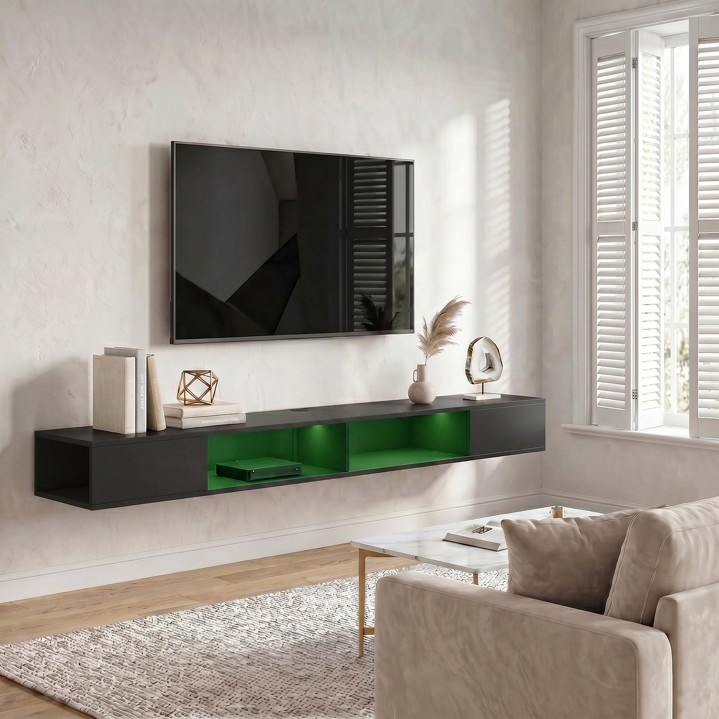 TV Stand for TVs up to 75 Inch, Modern Entertainment Center with RGB LED Lights, USB Powered, Wall-Mounted Media Console Table with 4 Open Storage Shelves for Living Room, Black