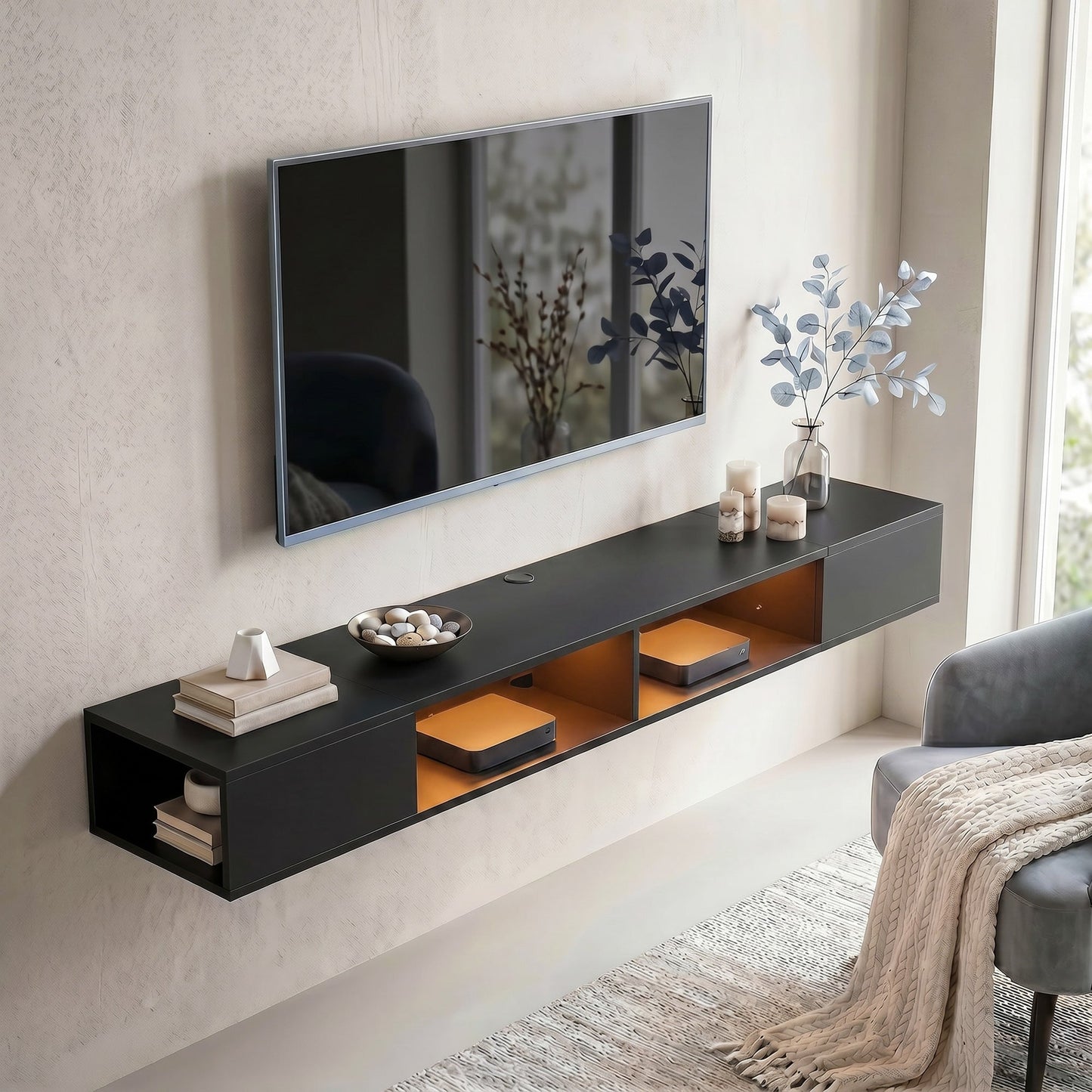 TV Stand for TVs up to 75 Inch, Modern Entertainment Center with RGB LED Lights, USB Powered, Wall-Mounted Media Console Table with 4 Open Storage Shelves for Living Room, Black