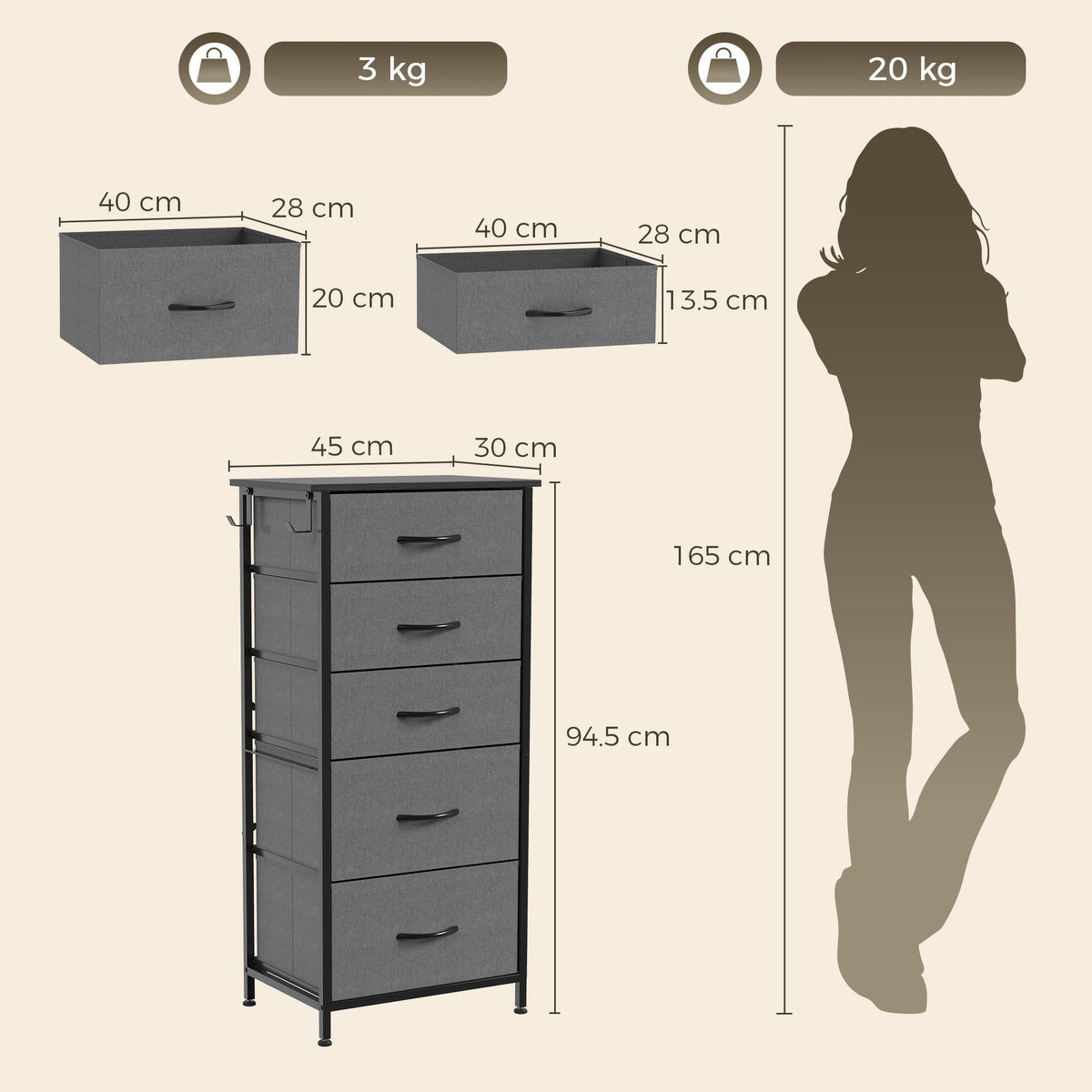 Chest of Drawers, Dresser for Bedroom with 5 Fabric Drawers, Tall Storage Unit with 4 Pockets, 2 Hooks and Steel Frame for Living Room, Hallway, Charcoal Grey