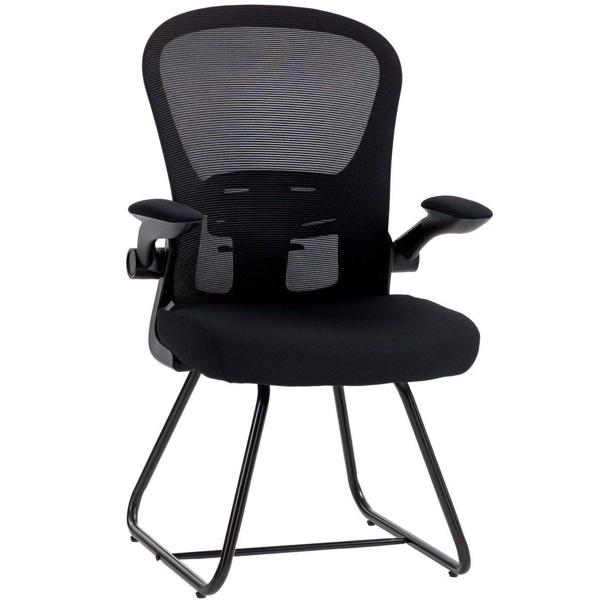 Reception Chair, Conference Meeting Office Chair with Flip-up Armrest, Mesh Backrest, Lumbar Support and Metal Base for Waiting Room Home Office, Black