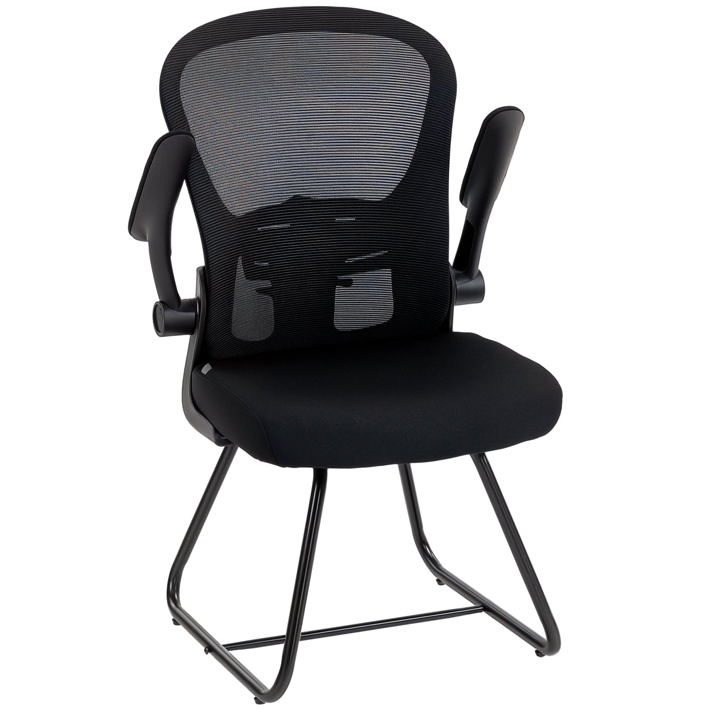 Reception Chair, Conference Meeting Office Chair with Flip-up Armrest, Mesh Backrest, Lumbar Support and Metal Base for Waiting Room Home Office, Black