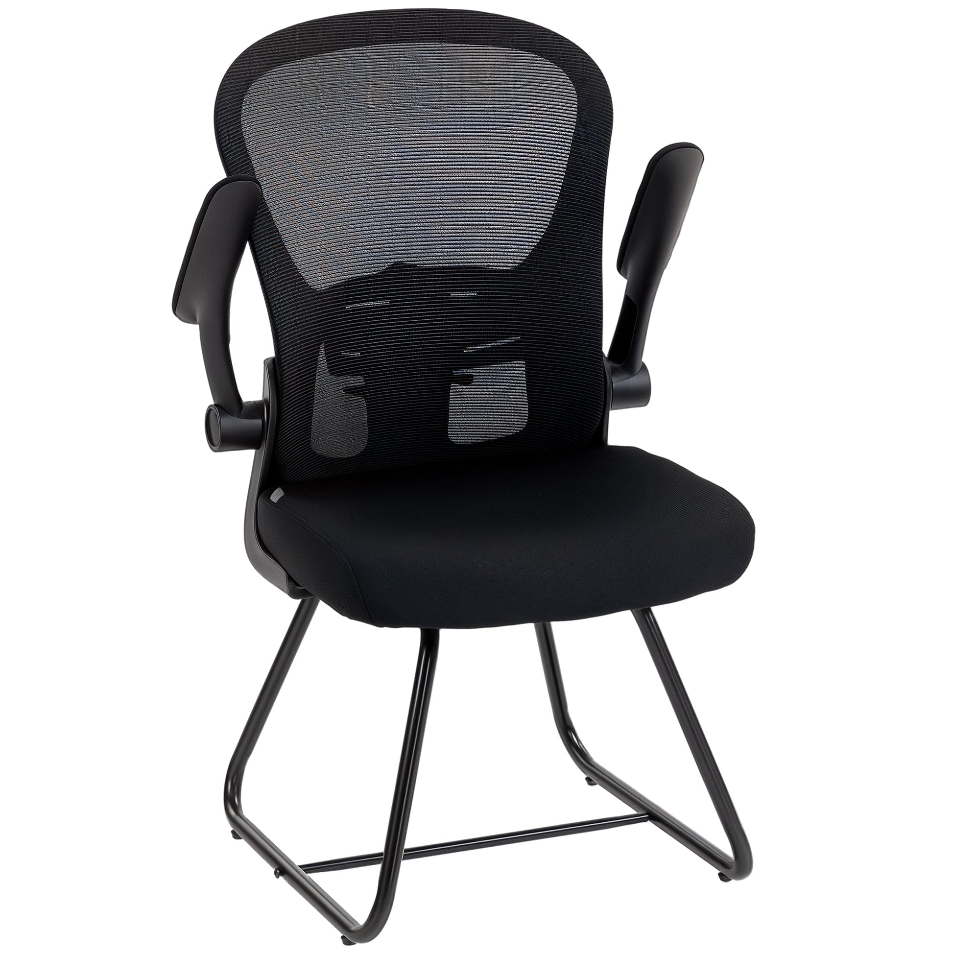 Reception Chair, Conference Meeting Office Chair with Flip-up Armrest, Mesh Backrest, Lumbar Support and Metal Base for Waiting Room Home Office, Black