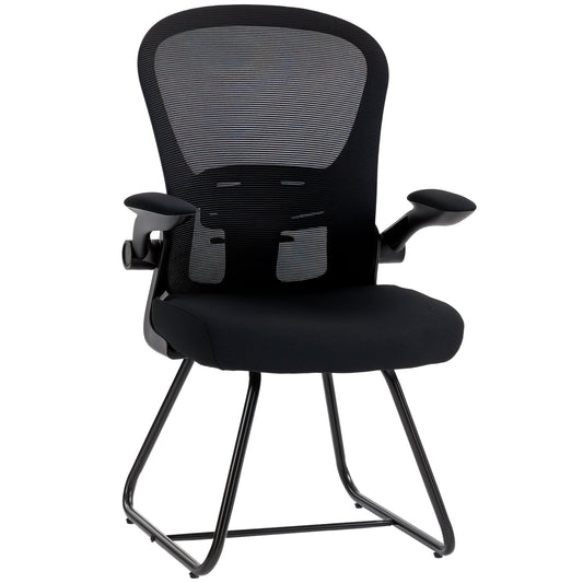 Reception Chair, Conference Meeting Office Chair with Flip-up Armrest, Mesh Backrest, Lumbar Support and Metal Base for Waiting Room Home Office, Black