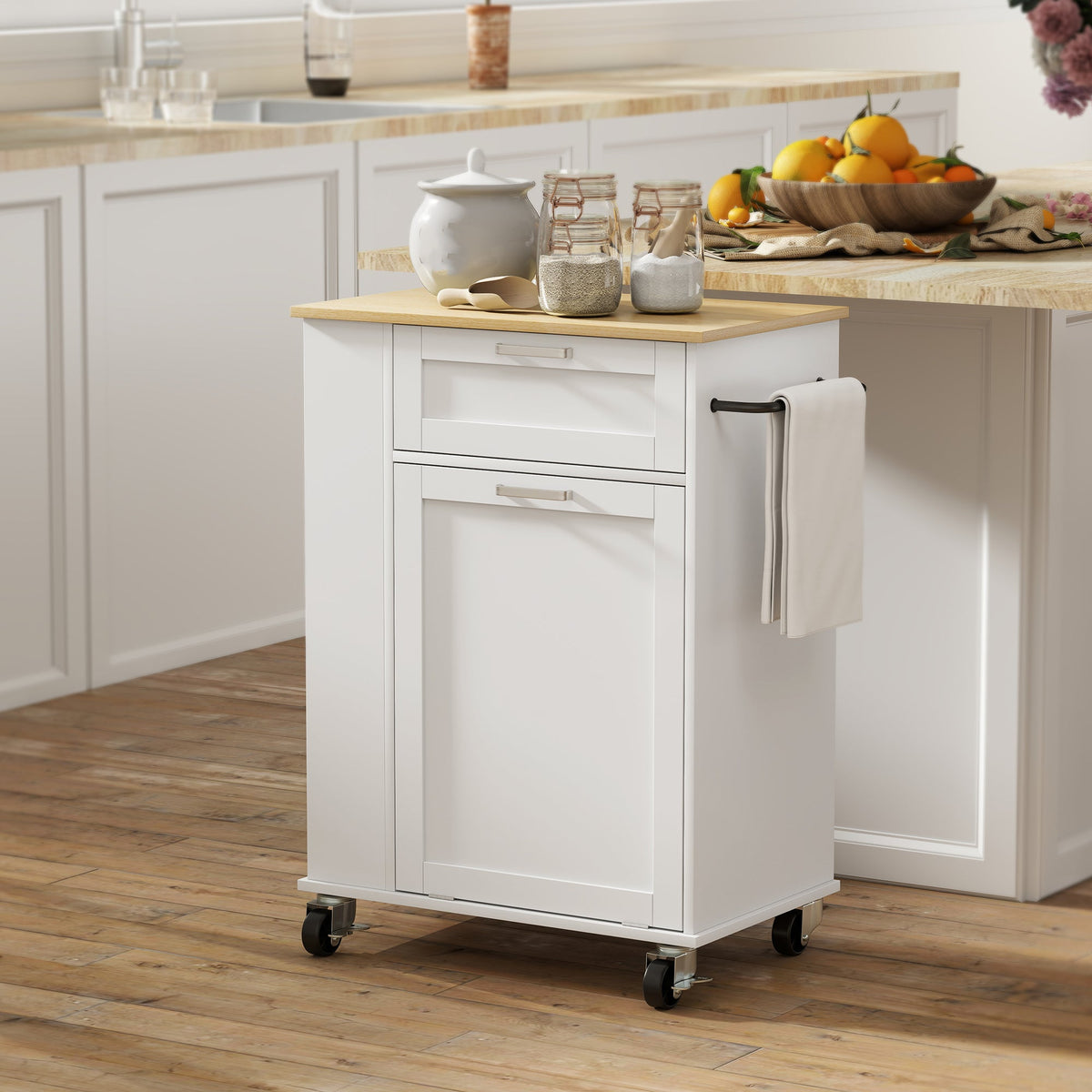 Kitchen Storage Trolley on Wheels, Rolling Kitchen Island with Drawer, Tilt-Out Rubbish Cabinet, 3-Tier Side Racks and Towel Rail for Dining Room, White