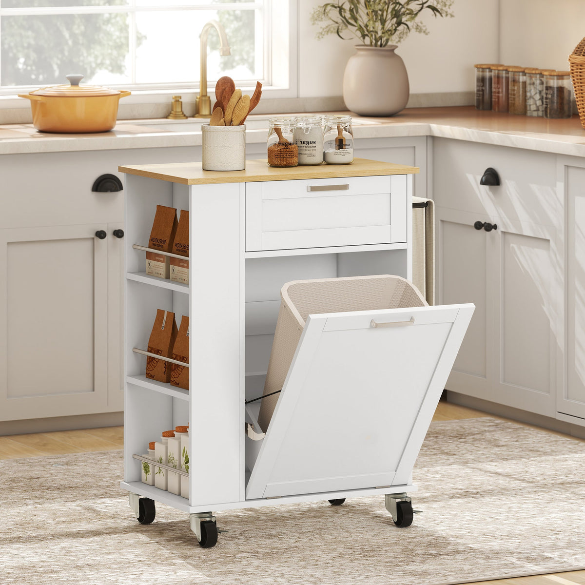 Kitchen Storage Trolley on Wheels, Rolling Kitchen Island with Drawer, Tilt-Out Rubbish Cabinet, 3-Tier Side Racks and Towel Rail for Dining Room, White
