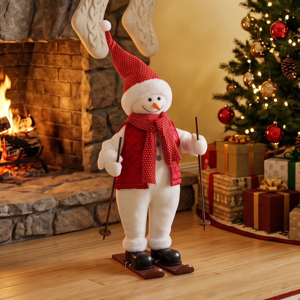 2ft Singing Skiing Santa Claus, 65 cm Standing Musical Animated Santa with Ski Board and Poles, Posable Arms, Handcrafted, Sound Touch Activated, Moving Christmas Figure Decoration
