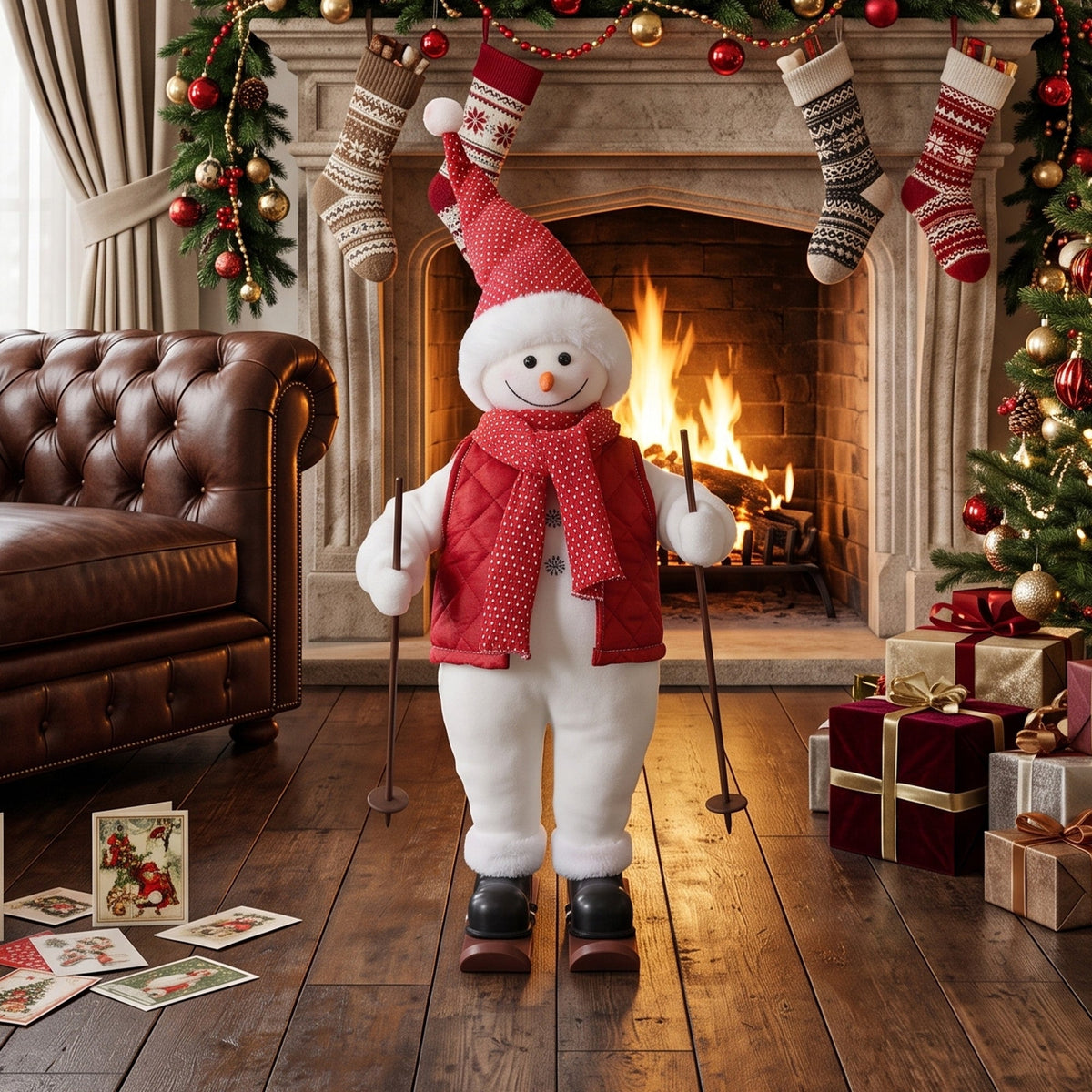 2ft Singing Skiing Santa Claus, 65 cm Standing Musical Animated Santa with Ski Board and Poles, Posable Arms, Handcrafted, Sound Touch Activated, Moving Christmas Figure Decoration