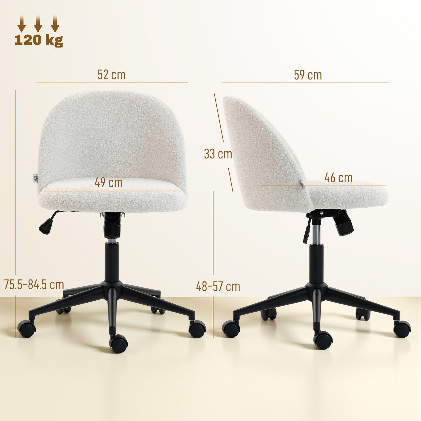Computer Desk Chair, Teddy Fleece Swivel Office Chair with Height Adjustable, Wheels, High-Resilience Foam, Tilting Function, for Home Study Bedroom Makeup Vanity, Cream White