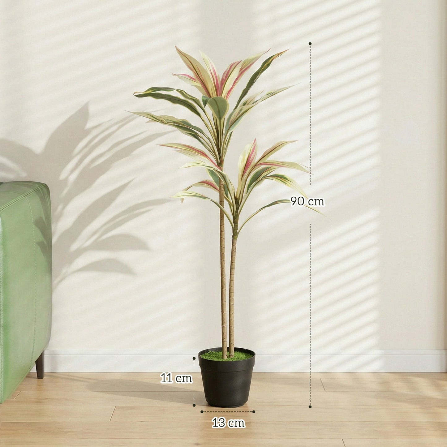 Artificial Cordyline Tree, 90 cm Fake Cordyline Tree with 29 Leaves, Realistic PEVA Faux Plant in Moss Effect Pot for Home Indoor Outdoor Decor, Yellow