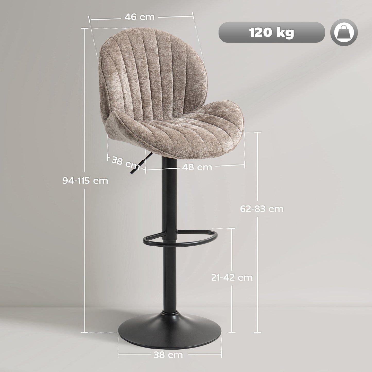 Bar Stools Set of 2, Swivel Counter Height Barstools with Back, Adjustable Height and Footrest, Chenille Upholstered Modern Bar Chairs for Kitchen Island, Dining Room, Brown