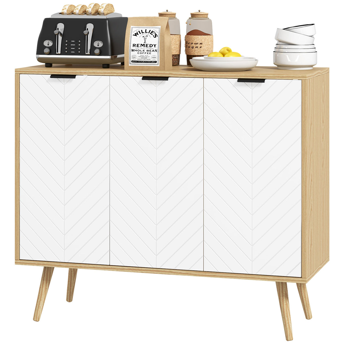 Modern Sideboard Buffet Cabinet, 91.5 cm Kitchen Storage Cabinet with 3 Doors and 2 Adjustable Shelves for Kitchen, Dining Room, Living Room, White