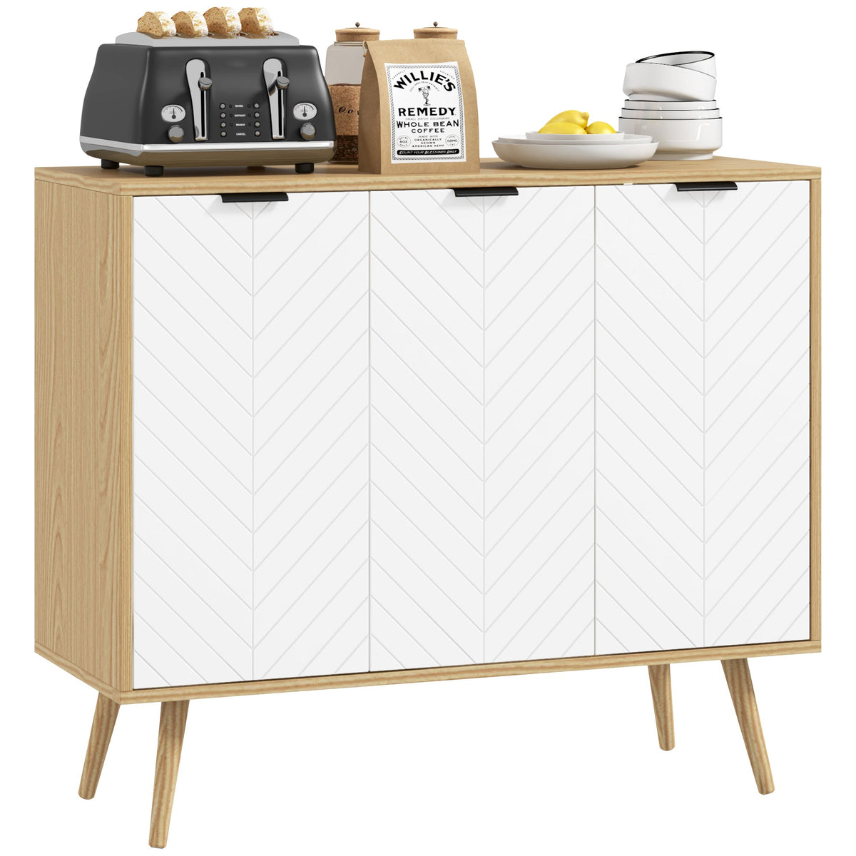Modern Sideboard Buffet Cabinet, 91.5 cm Kitchen Storage Cabinet with 3 Doors and 2 Adjustable Shelves for Kitchen, Dining Room, Living Room, White