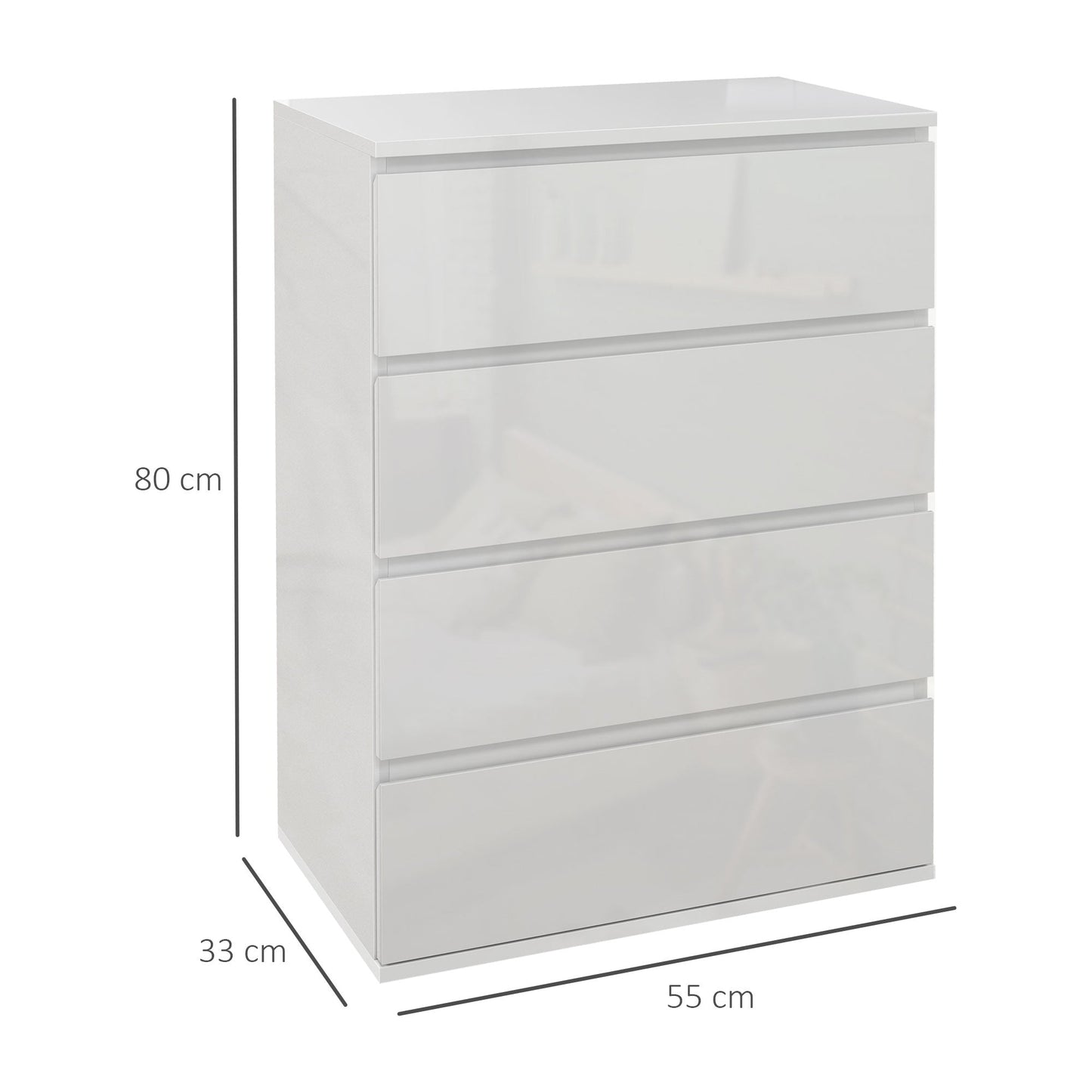 HOMCOM High Gloss Chest of Drawers, 4 Drawers Dresser, Modern Storage Drawer Unit with Soft Closing Mechanism for Bedroom, White