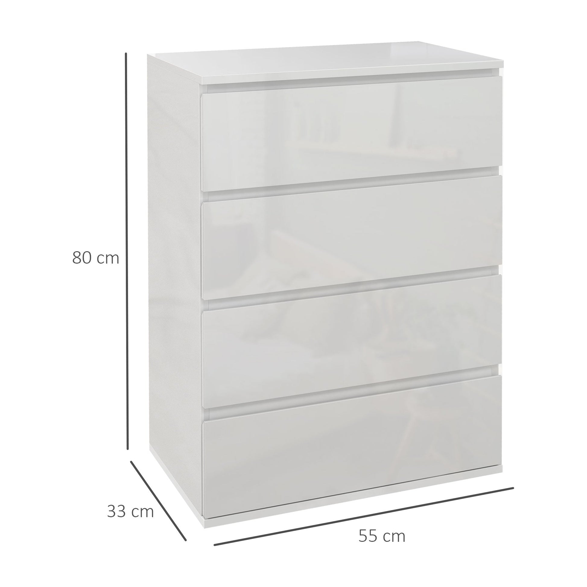 HOMCOM High Gloss Chest of Drawers, 4 Drawers Dresser, Modern Storage Drawer Unit with Soft Closing Mechanism for Bedroom, White