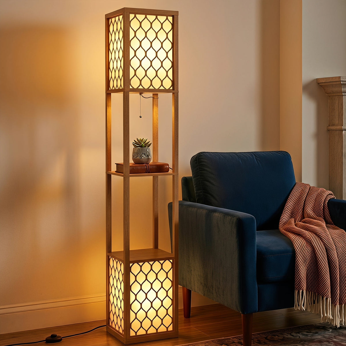 Floor Lamp with Shelves, Modern Tall Standing Lamp with Fabric Lampshades, Zipper Switch and Dual Light for Living Room and Bedroom, Bulbs Not Included, Natural Wood Finish