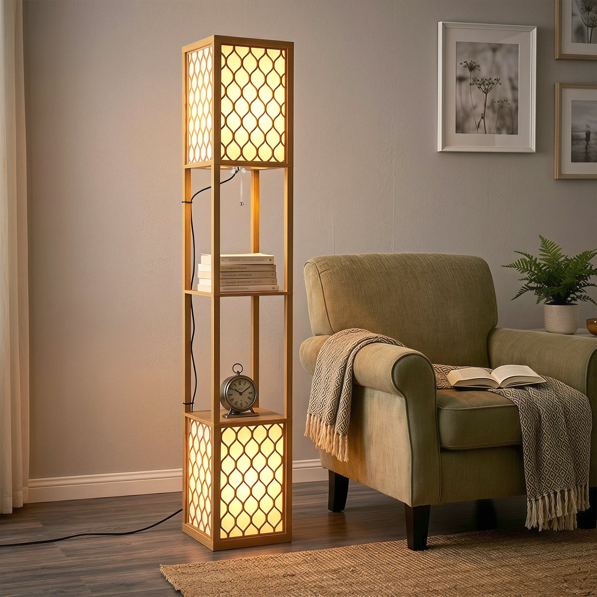 Floor Lamp with Shelves, Modern Tall Standing Lamp with Fabric Lampshades, Zipper Switch and Dual Light for Living Room and Bedroom, Bulbs Not Included, Natural Wood Finish