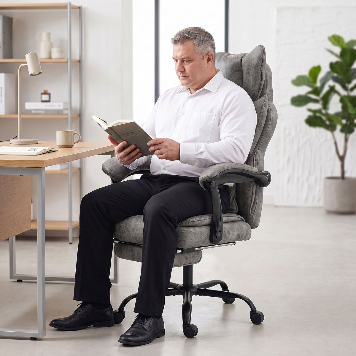Executive Office Chair, 180kg Big and Tall Leathaire Desk Chair with Adjustable Headrest, Lumbar Support, Wide Seat, Reclining Back, Footrest, Swivel Wheels, Grey