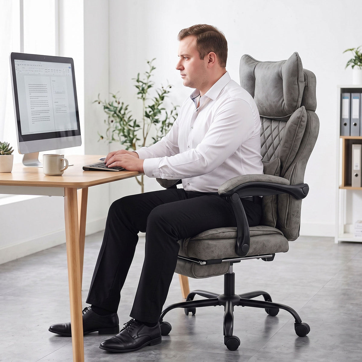 Executive Office Chair, 180kg Big and Tall Leathaire Desk Chair with Adjustable Headrest, Lumbar Support, Wide Seat, Reclining Back, Footrest, Swivel Wheels, Grey