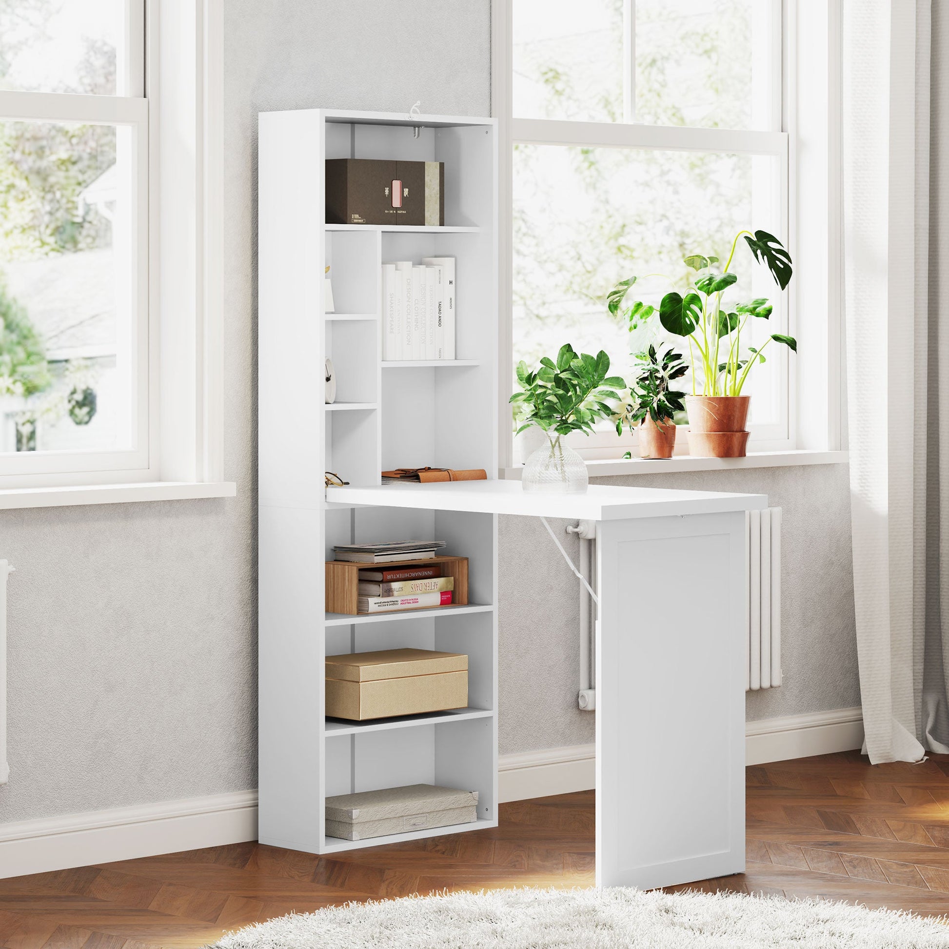 HOMCOM Wall Mounted Computer Desk, Folding Study Table with White Board and Bookshelf, Multifunctional Floating Writing Desk for Home Office, White