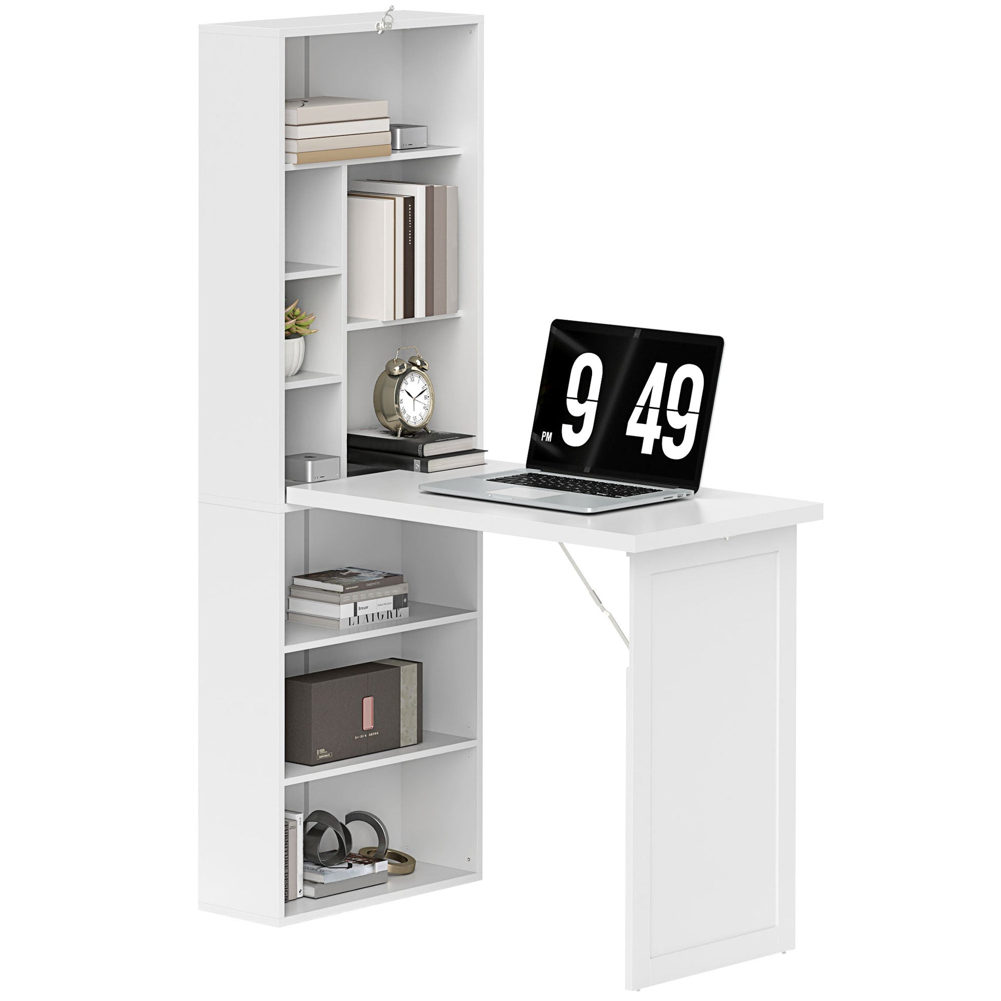 HOMCOM Wall Mounted Computer Desk, Folding Study Table with White Board and Bookshelf, Multifunctional Floating Writing Desk for Home Office, White