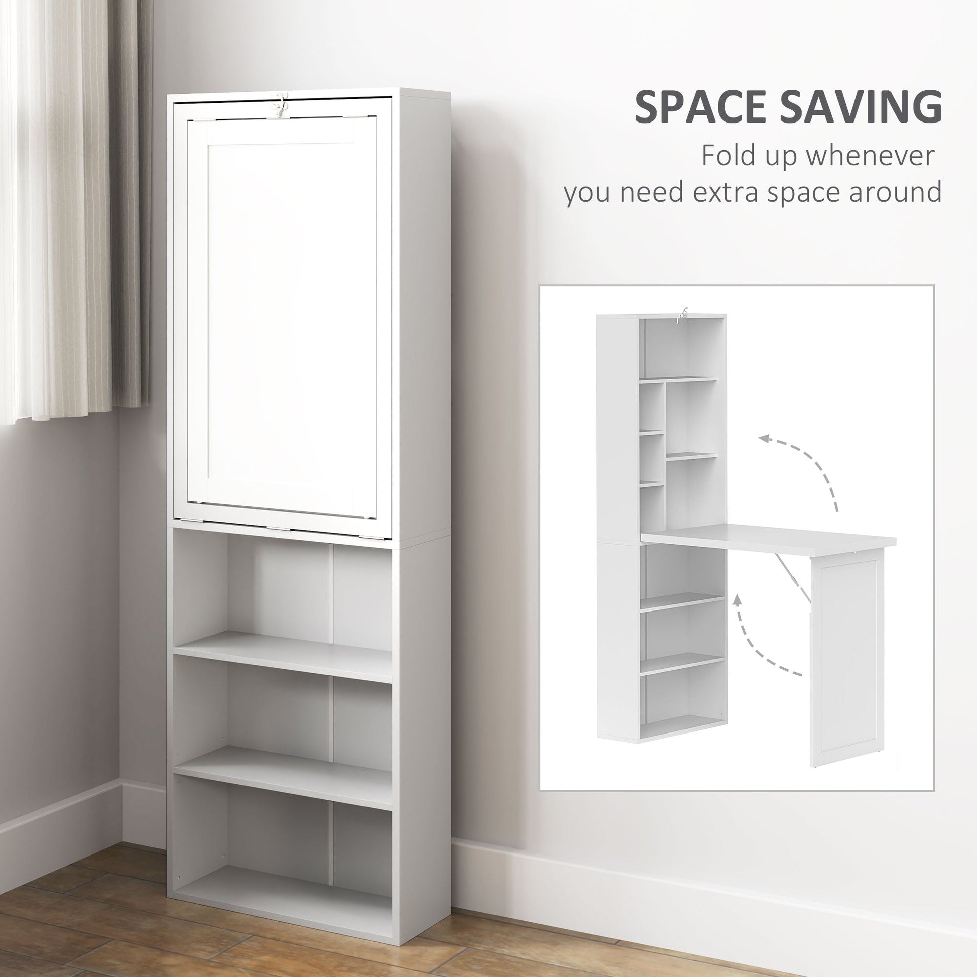 HOMCOM Wall Mounted Computer Desk, Folding Study Table with White Board and Bookshelf, Multifunctional Floating Writing Desk for Home Office, White