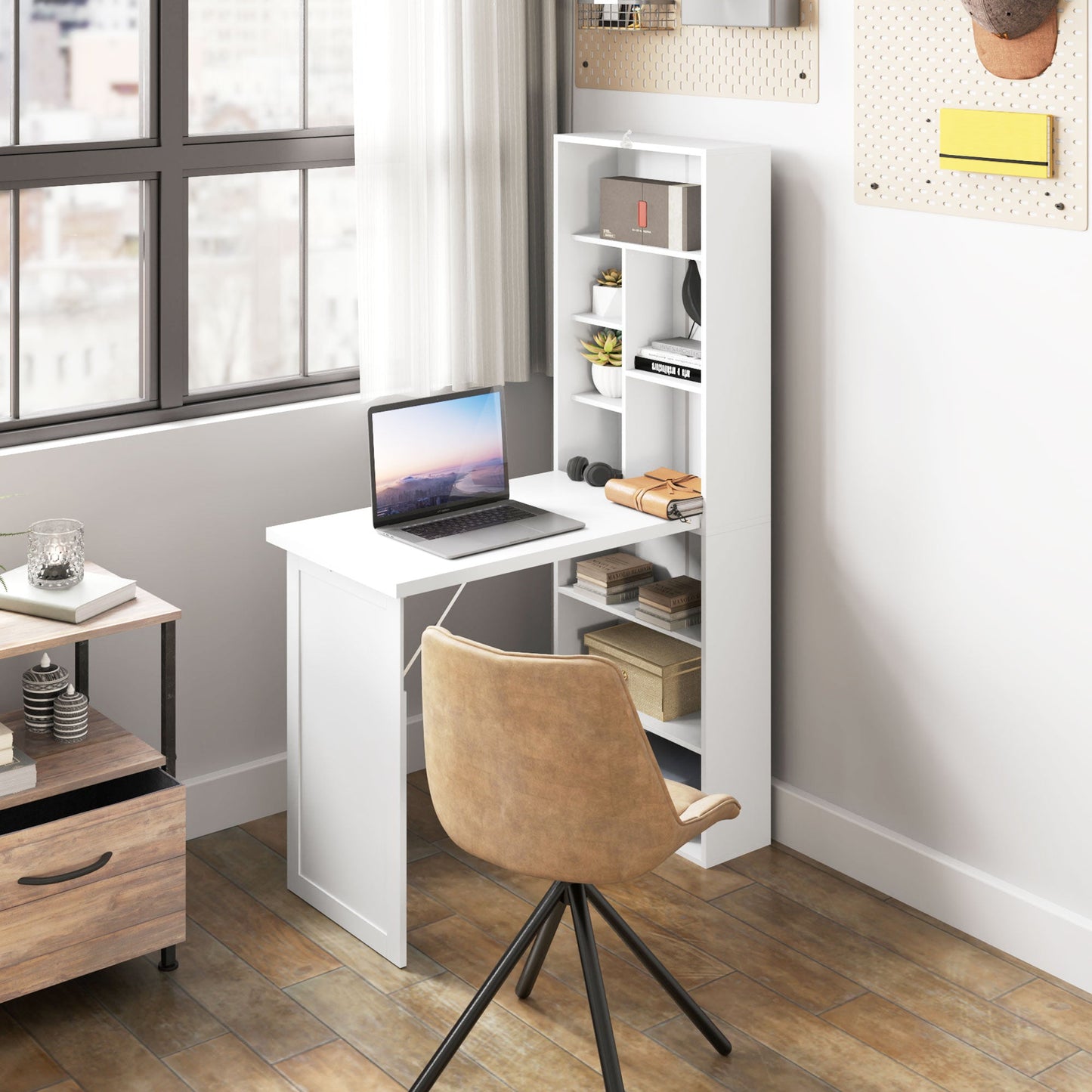 HOMCOM Wall Mounted Computer Desk, Folding Study Table with White Board and Bookshelf, Multifunctional Floating Writing Desk for Home Office, White