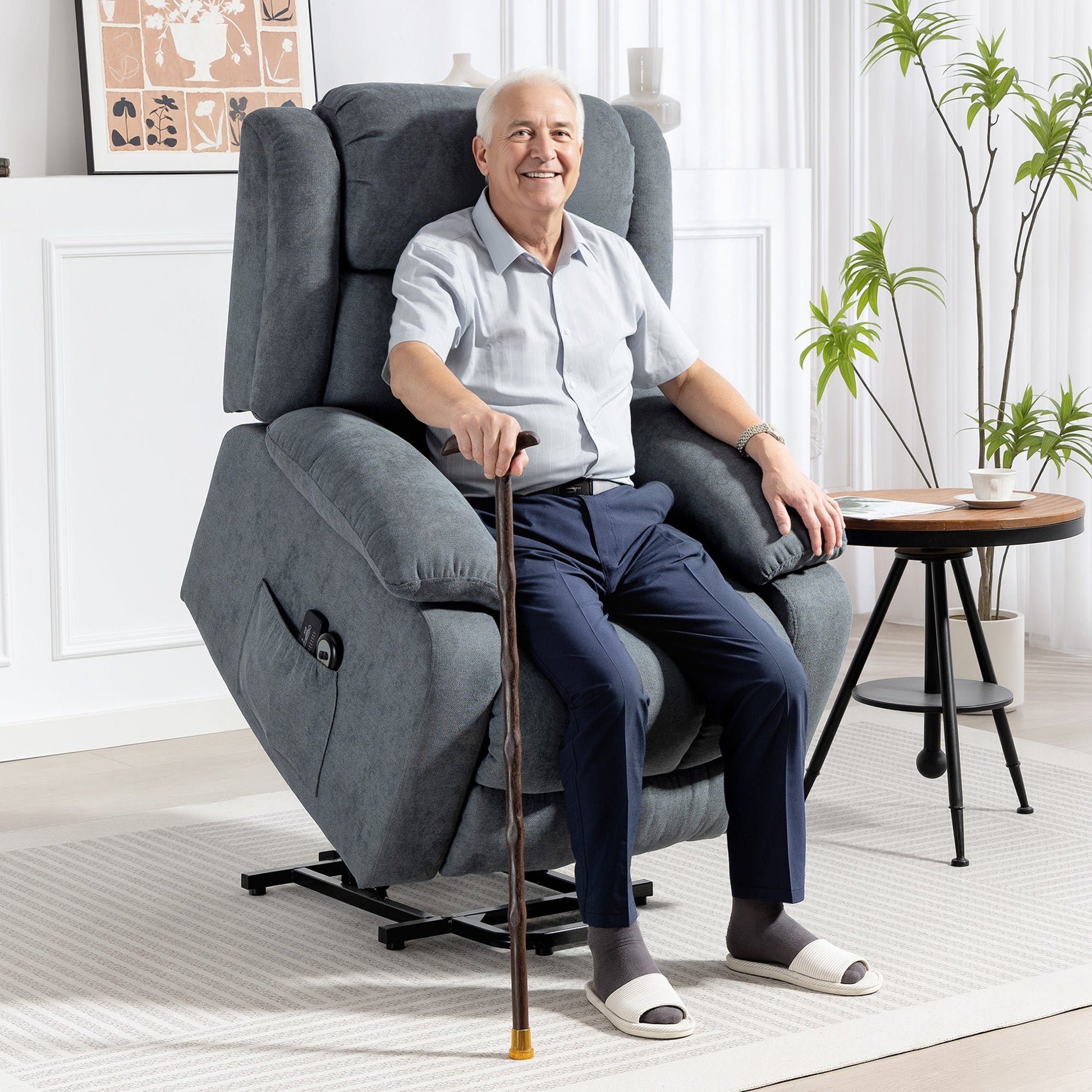 Power Lift Recliner Chair with Massage, Linen Overstuffed Lift Chair for Elderly, Electric Recliner Armchair with Footrest, Remote Control and Side Pocket, for Living Room, Grey