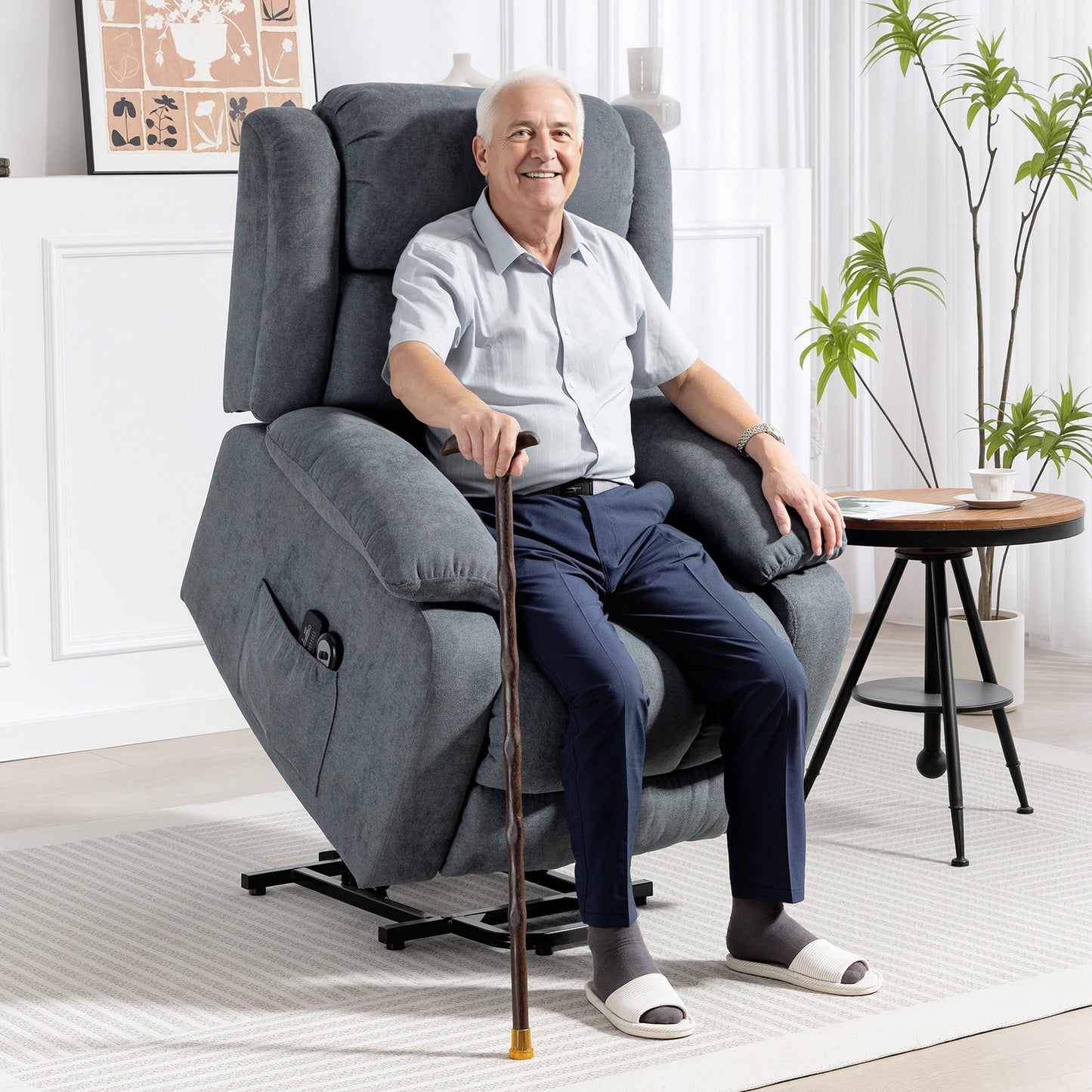 Power Lift Recliner Chair with Massage, Linen Overstuffed Lift Chair for Elderly, Electric Recliner Armchair with Footrest, Remote Control and Side Pocket, for Living Room, Grey