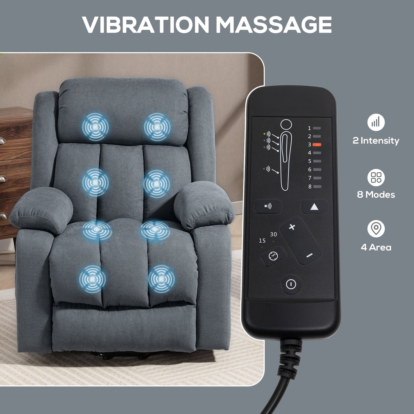 Power Lift Recliner Chair with Massage, Linen Overstuffed Lift Chair for Elderly, Electric Recliner Armchair with Footrest, Remote Control and Side Pocket, for Living Room, Grey