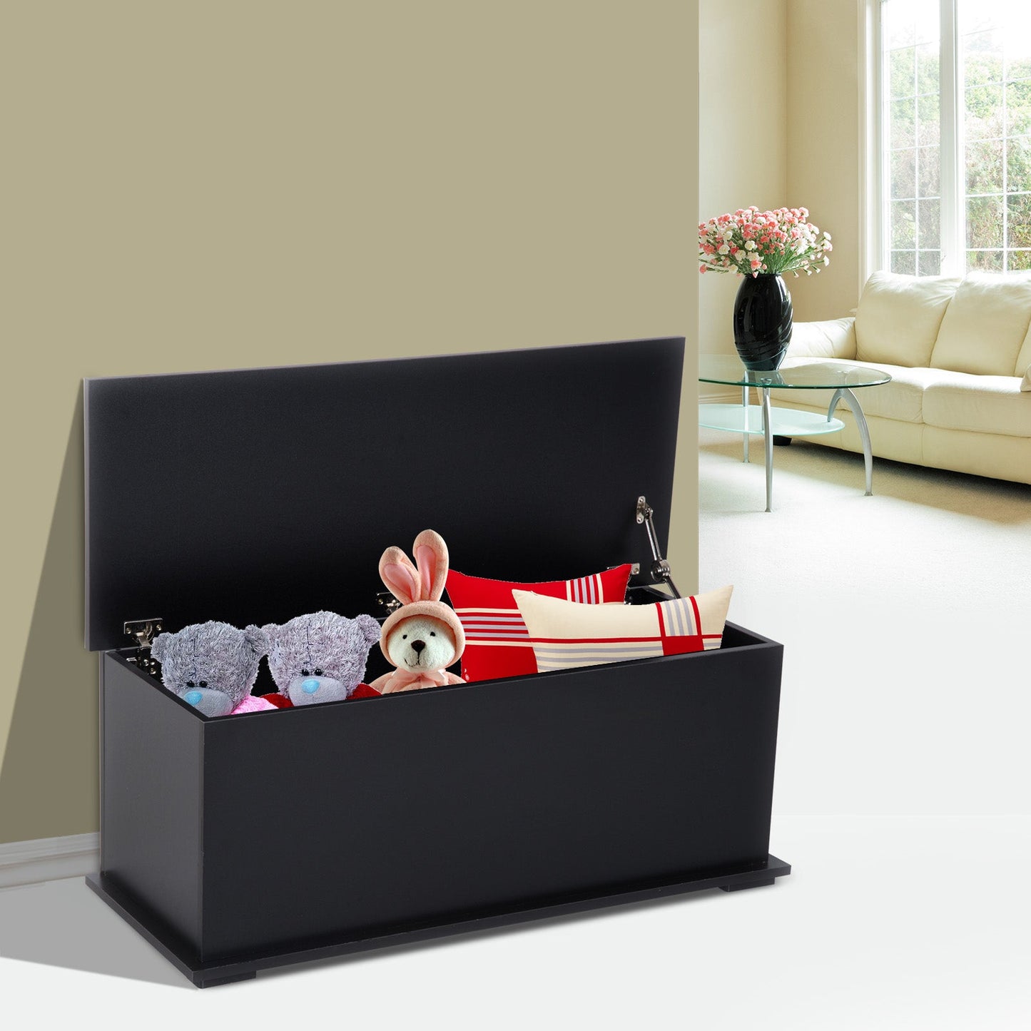 HOMCOM 113L Storage Chest, Storage Box with Flip-Top Lid and 2 Safety Hinges, Storage Trunk for Living Room, Entryway, 100 x 40 x 40 cm, Black