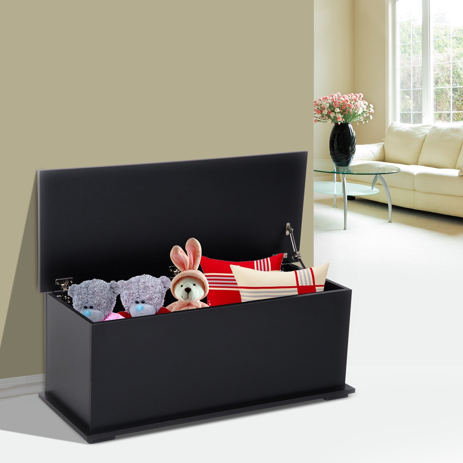 HOMCOM 113L Storage Chest, Storage Box with Flip-Top Lid and 2 Safety Hinges, Storage Trunk for Living Room, Entryway, 100 x 40 x 40 cm, Black