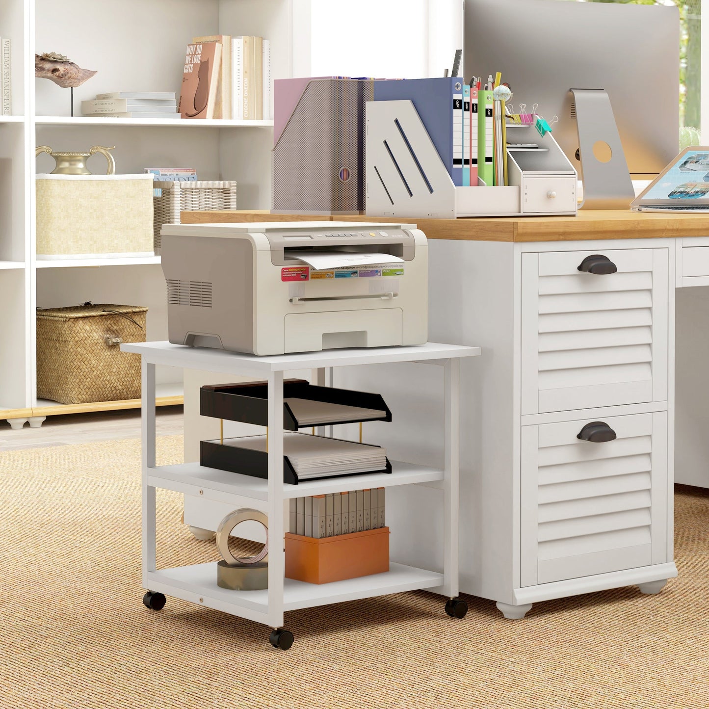 HOMCOM 3-Tier Printer Stand with Storage Shelf, Mobile Printer Table on Wheels, 50 x 50 x 52.5cm Rolling Printer Cart for Home Office, White