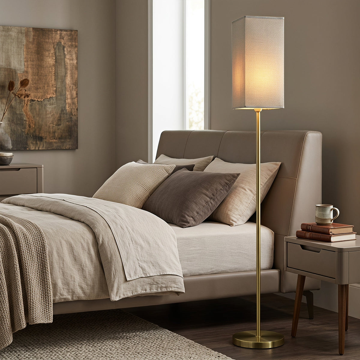 Floor Lamp, Modern Standing Lamp with Linen Shade and Foot Switch, Tall Lamps for Living Room and Bedroom, Bulb not Included, Gold Tone
