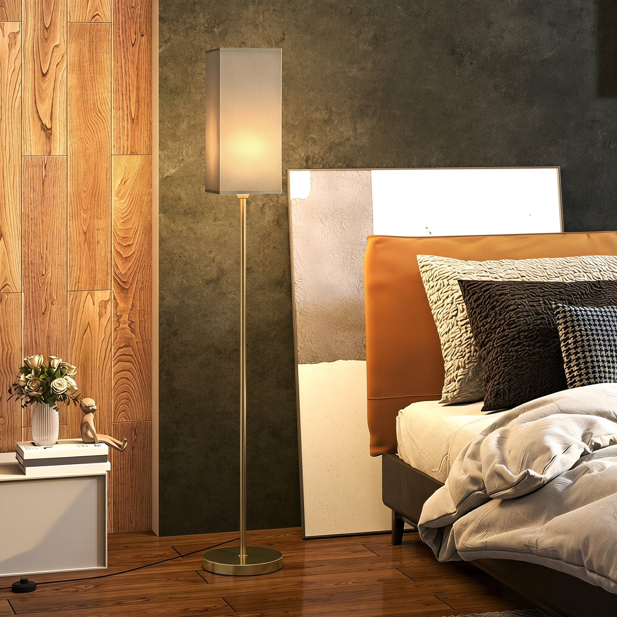 Floor Lamp, Modern Standing Lamp with Linen Shade and Foot Switch, Tall Lamps for Living Room and Bedroom, Bulb not Included, Gold Tone