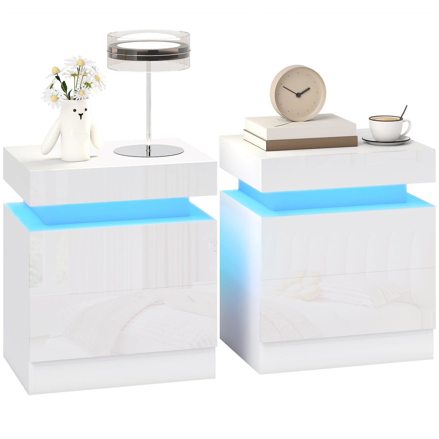High Gloss Front Bedside Table, APP Control Nightstand with RGB LED Light and 2 Drawers, Chest of Drawers for Bedroom, Living Room, Set of 2, White