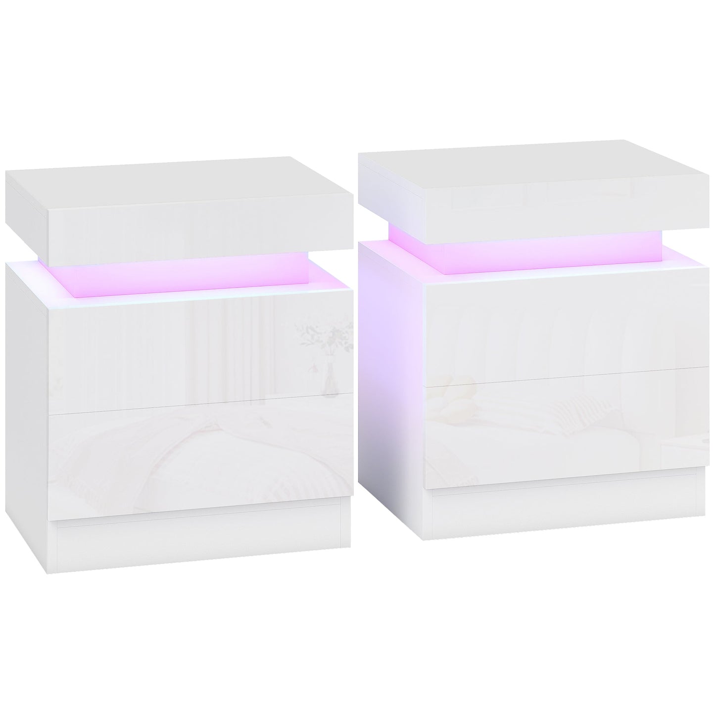 High Gloss Front Bedside Table, APP Control Nightstand with RGB LED Light and 2 Drawers, Chest of Drawers for Bedroom, Living Room, Set of 2, White
