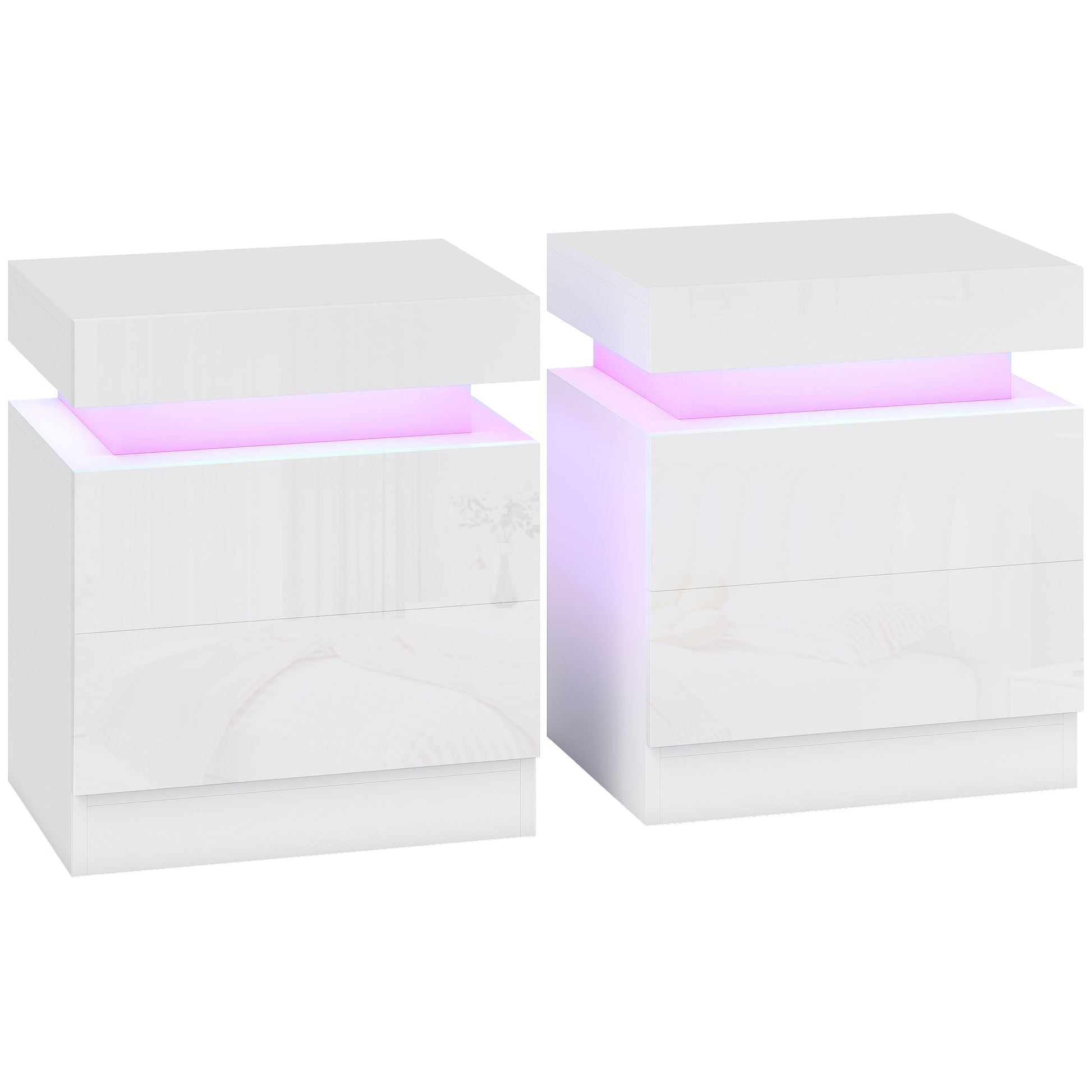 High Gloss Front Bedside Table, APP Control Nightstand with RGB LED Light and 2 Drawers, Chest of Drawers for Bedroom, Living Room, Set of 2, White