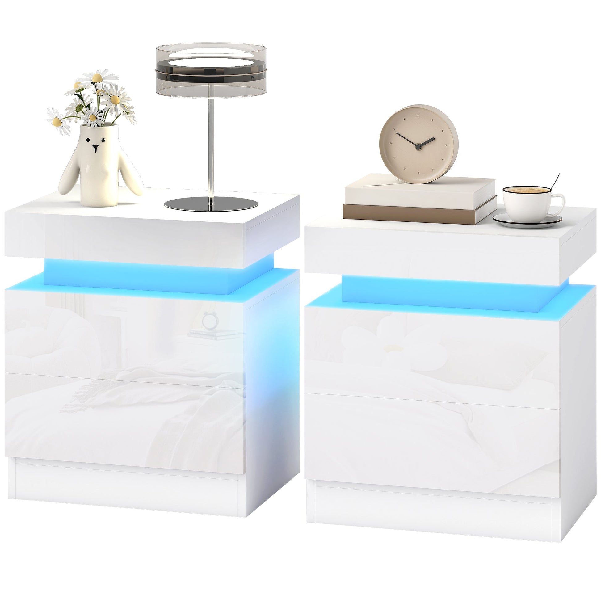 High Gloss Front Bedside Table, APP Control Nightstand with RGB LED Light and 2 Drawers, Chest of Drawers for Bedroom, Living Room, Set of 2, White