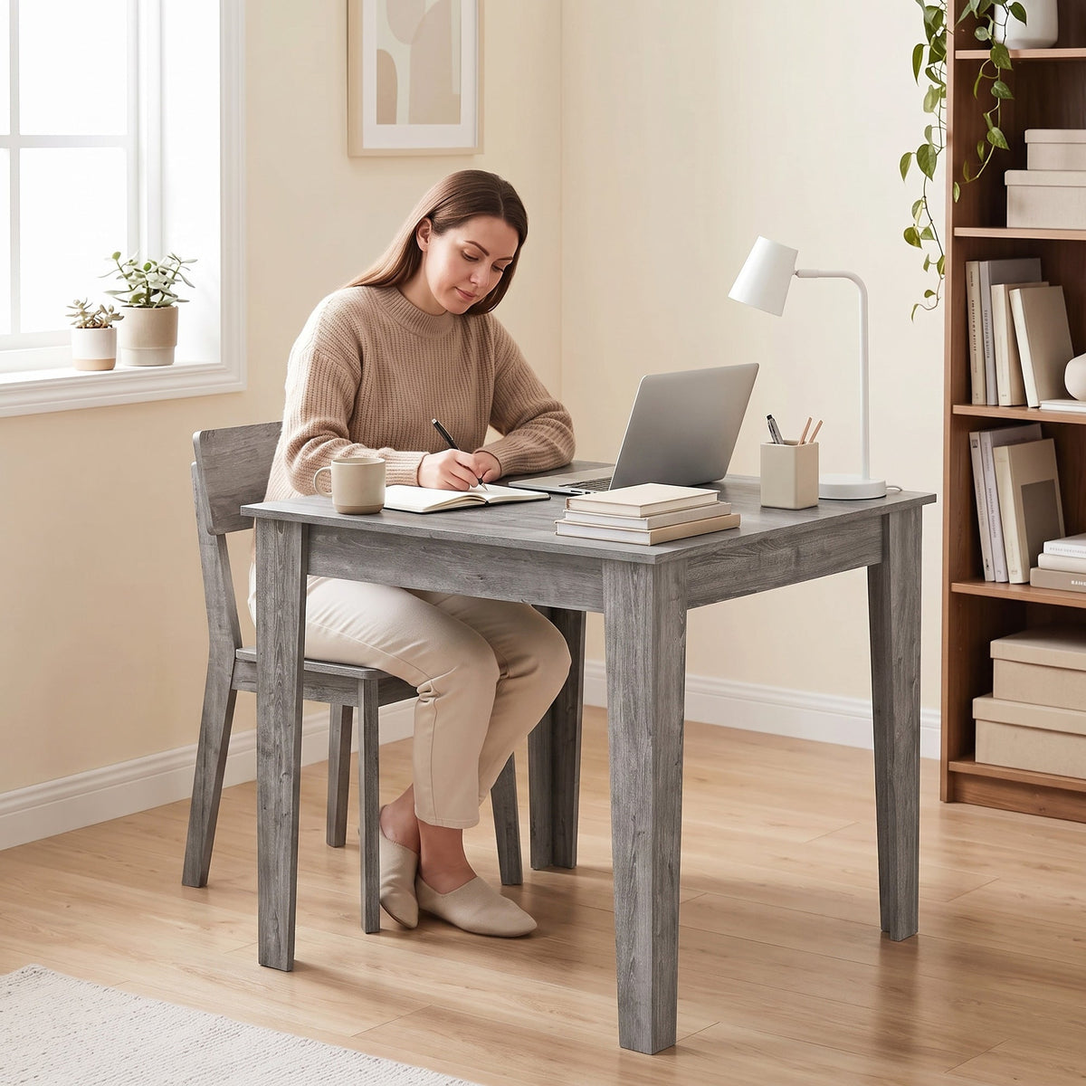Dining Table for 4, 80L x 80W x 75Hcm, Modern Square Kitchen Table with Wood Effect Tabletop, for Dining Room, Kitchen, Living Room, Grey Wood Effect