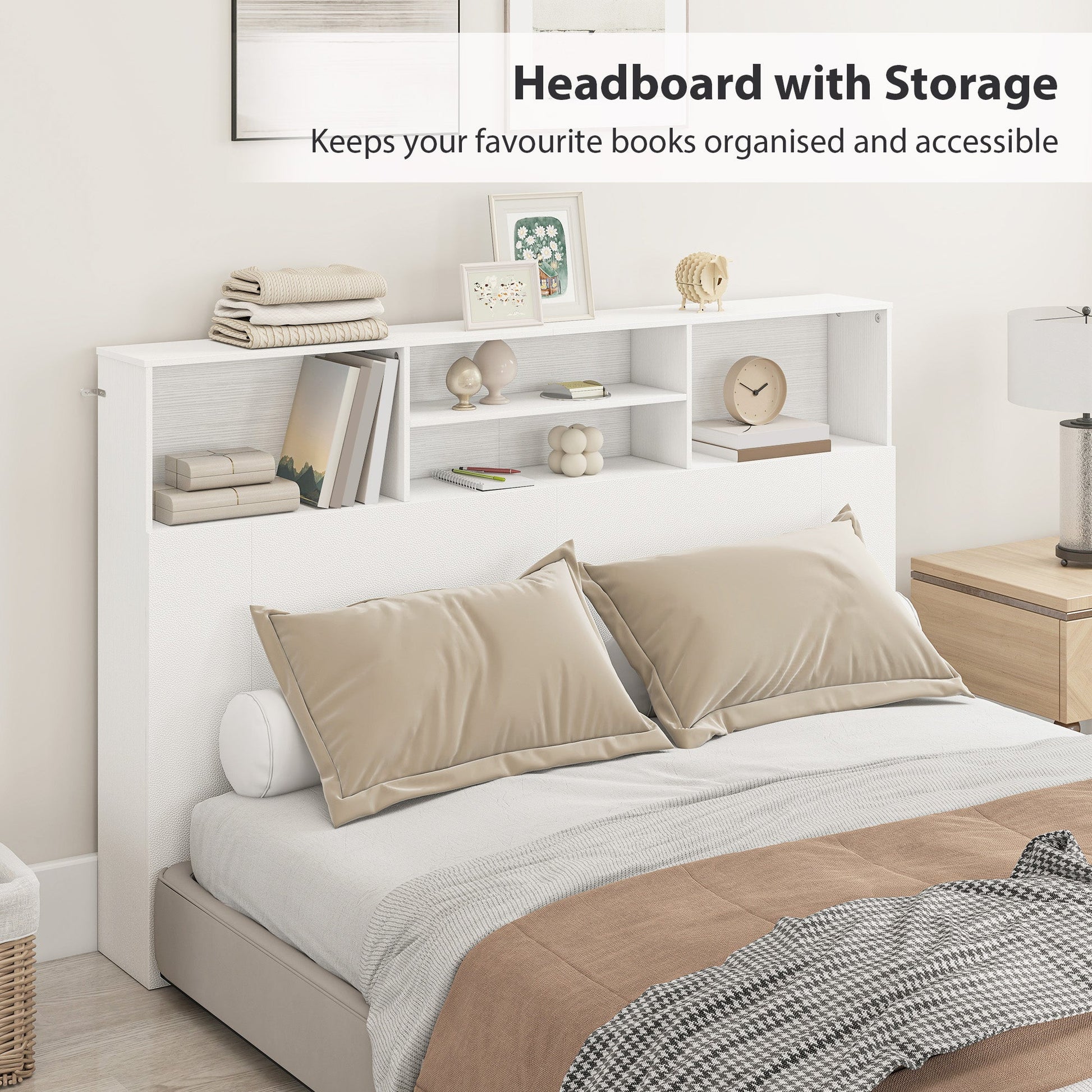 5ft King Size Headboard with Storage, Freestanding Bed Headboard with 4 Open Compartments for Bedroom, 160 x 20.2 x 108.2 cm, White