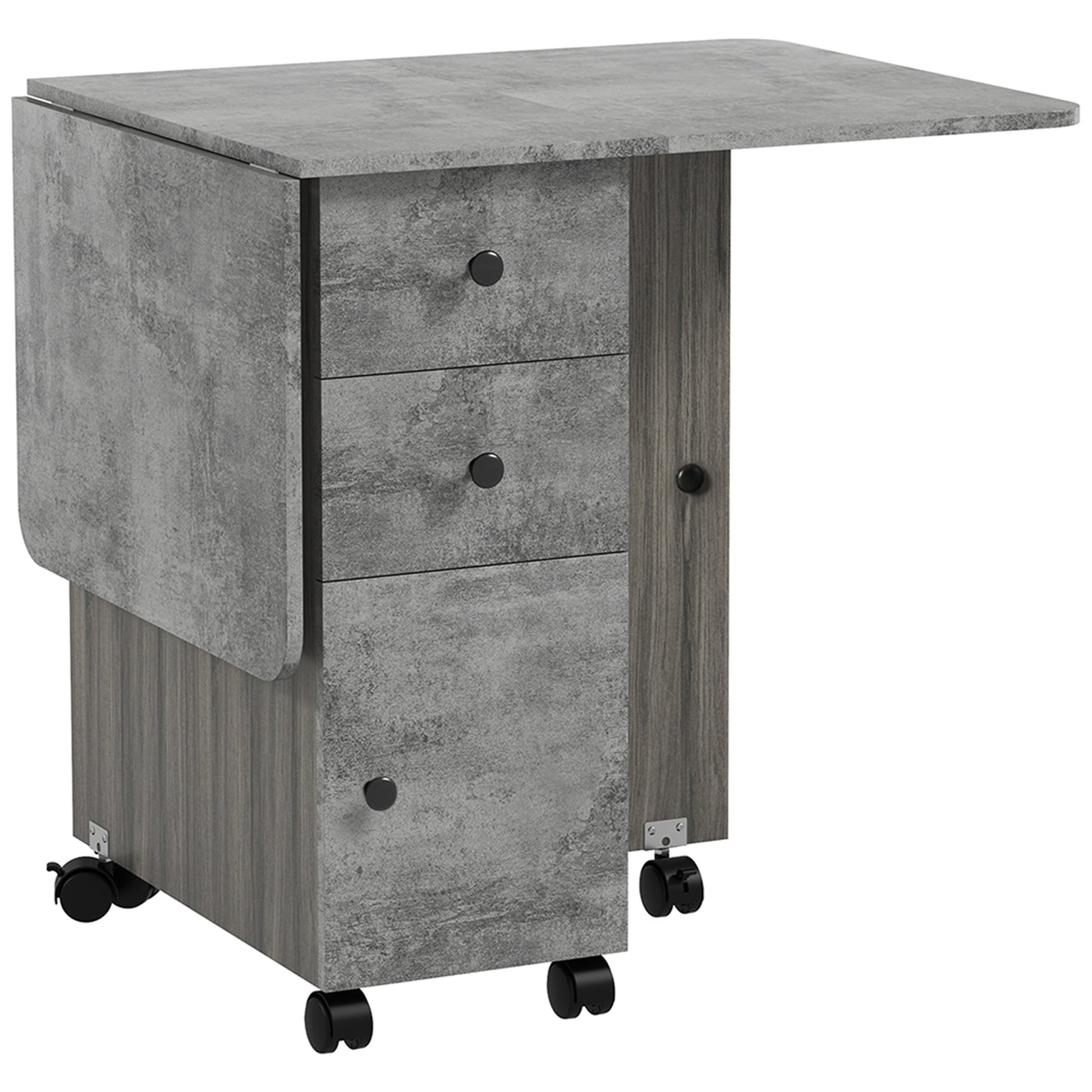 HOMCOM Folding Dining Table for 4-6, Rolling Drop Leaf Table with Storage Drawers, Cabinet and Open Shelf, Extendable Kitchen Table on Wheels, Grey Marble Effect