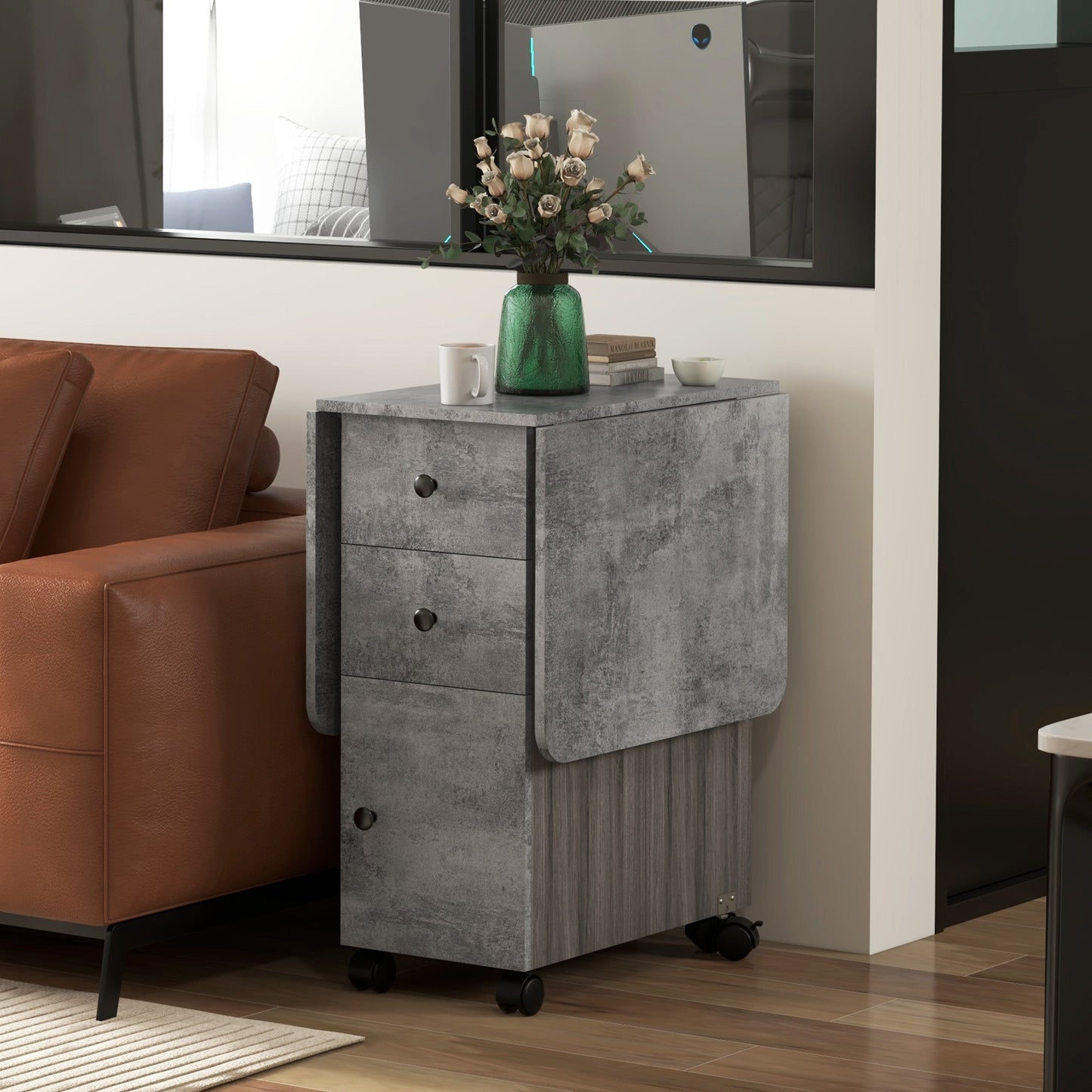HOMCOM Folding Dining Table for 4-6, Rolling Drop Leaf Table with Storage Drawers, Cabinet and Open Shelf, Extendable Kitchen Table on Wheels, Grey Marble Effect