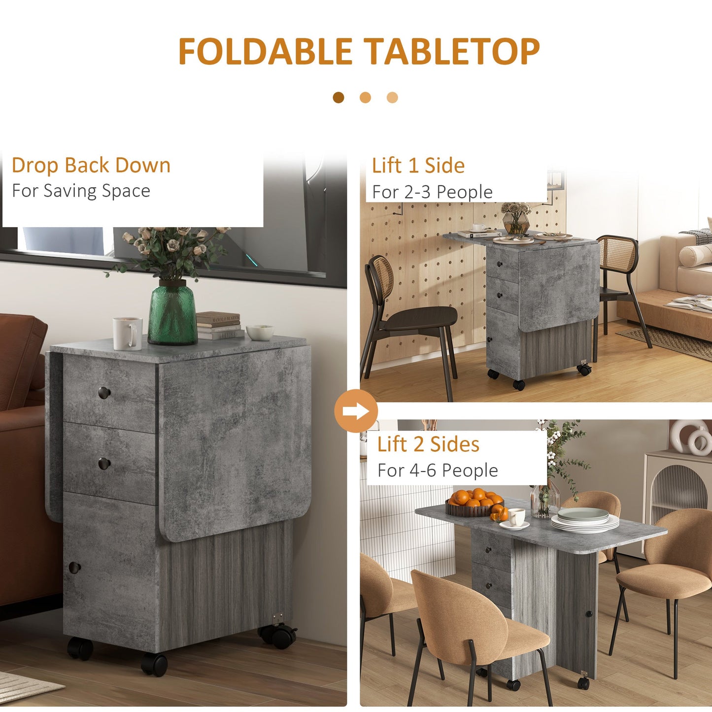 HOMCOM Folding Dining Table for 4-6, Rolling Drop Leaf Table with Storage Drawers, Cabinet and Open Shelf, Extendable Kitchen Table on Wheels, Grey Marble Effect