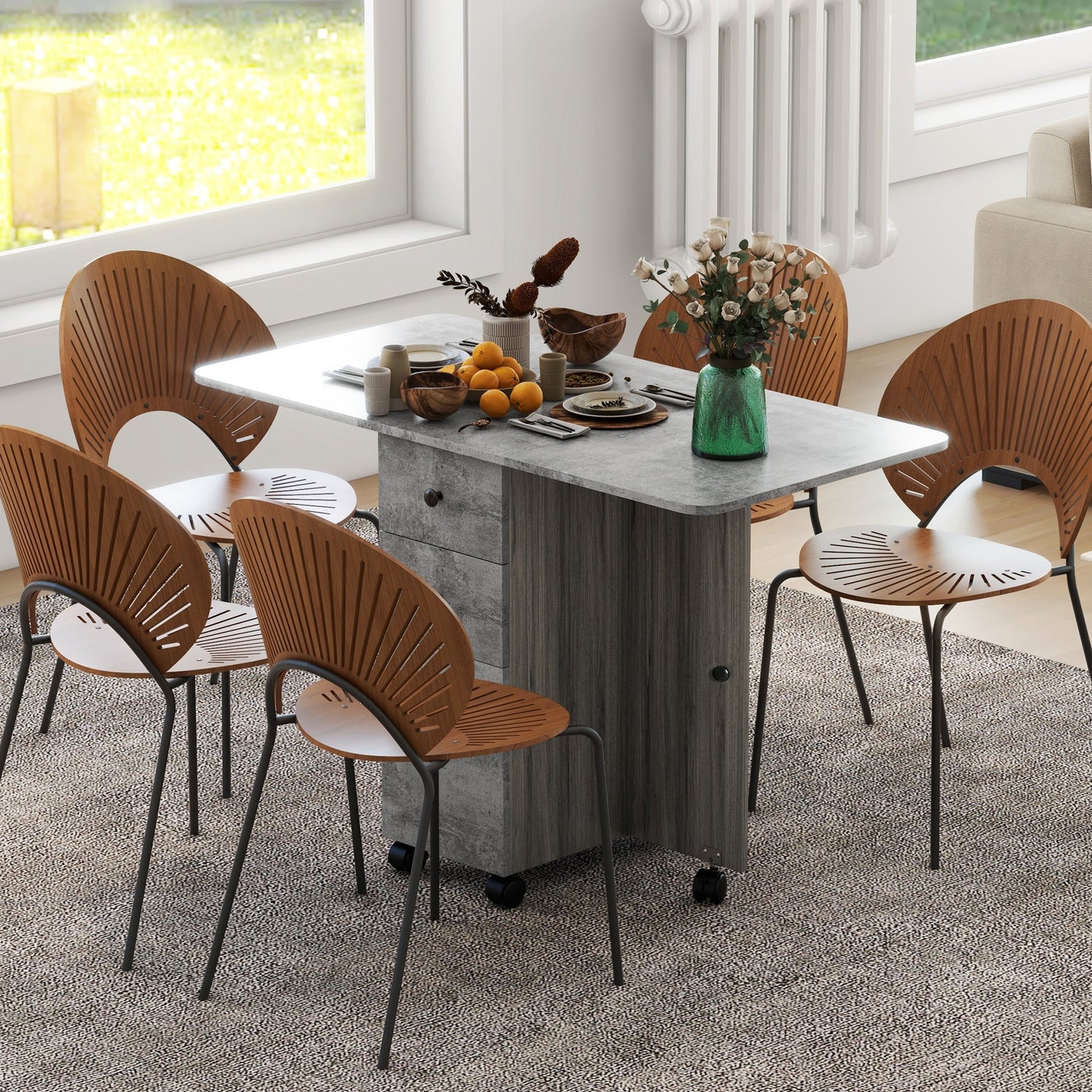 HOMCOM Folding Dining Table for 4-6, Rolling Drop Leaf Table with Storage Drawers, Cabinet and Open Shelf, Extendable Kitchen Table on Wheels, Grey Marble Effect