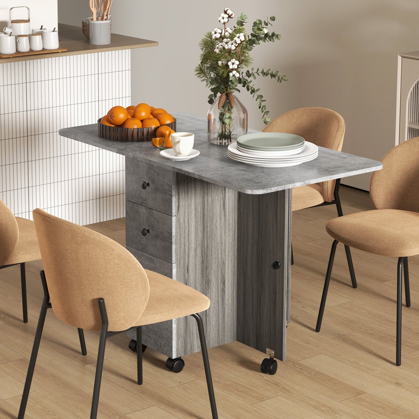 HOMCOM Folding Dining Table for 4-6, Rolling Drop Leaf Table with Storage Drawers, Cabinet and Open Shelf, Extendable Kitchen Table on Wheels, Grey Marble Effect