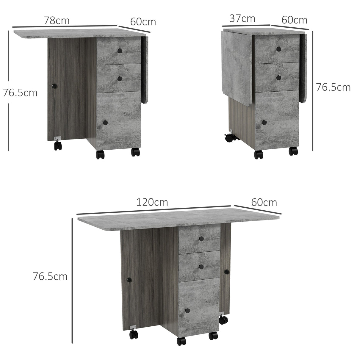 HOMCOM Folding Dining Table for 4-6, Rolling Drop Leaf Table with Storage Drawers, Cabinet and Open Shelf, Extendable Kitchen Table on Wheels, Grey Marble Effect