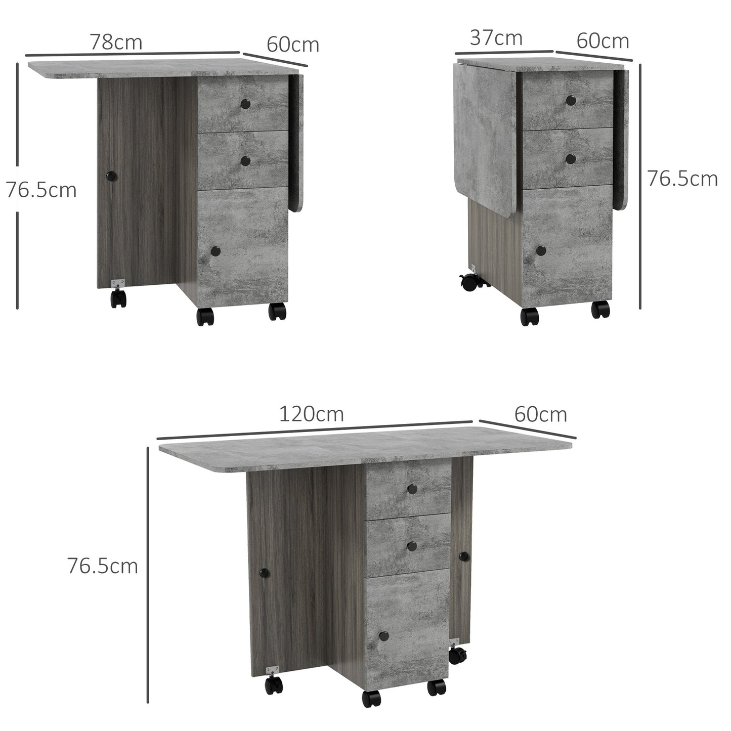 HOMCOM Folding Dining Table for 4-6, Rolling Drop Leaf Table with Storage Drawers, Cabinet and Open Shelf, Extendable Kitchen Table on Wheels, Grey Marble Effect