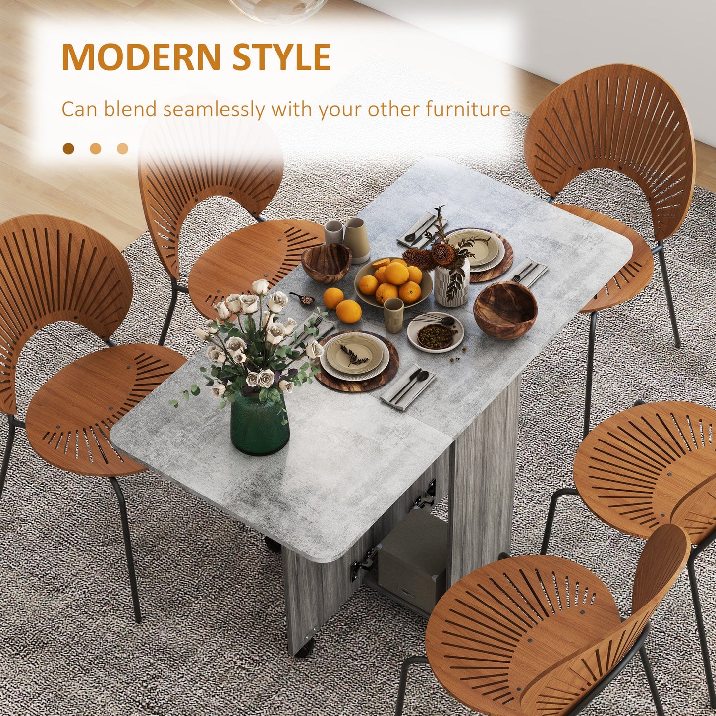 HOMCOM Folding Dining Table for 4-6, Rolling Drop Leaf Table with Storage Drawers, Cabinet and Open Shelf, Extendable Kitchen Table on Wheels, Grey Marble Effect