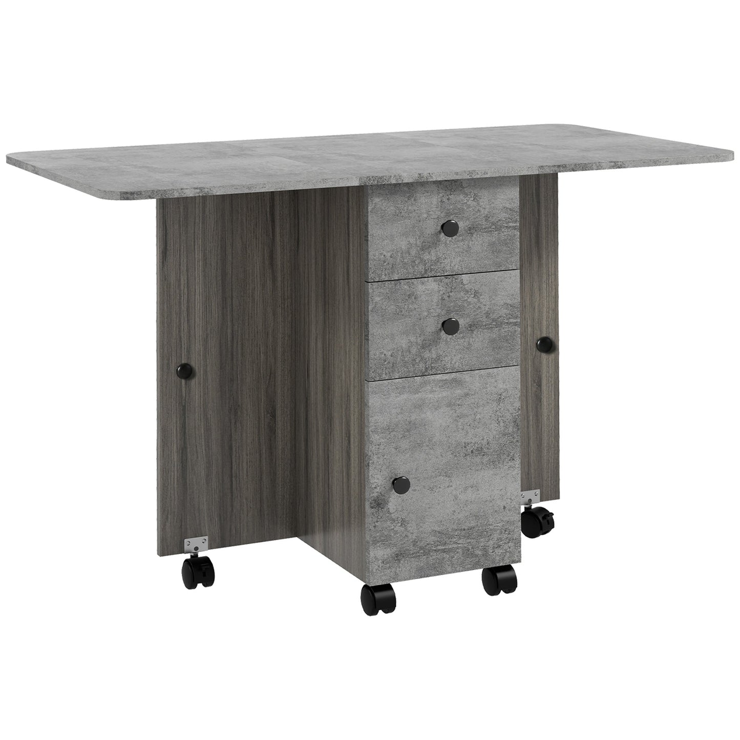HOMCOM Folding Dining Table for 4-6, Rolling Drop Leaf Table with Storage Drawers, Cabinet and Open Shelf, Extendable Kitchen Table on Wheels, Grey Marble Effect